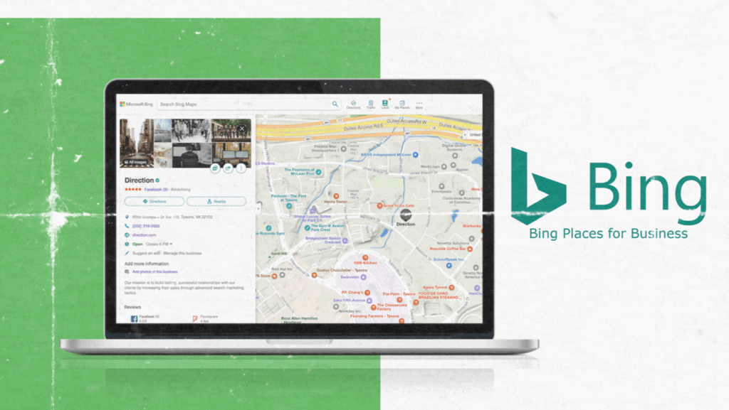 Laptop displaying Bing Places for Business map listing with the Bing logo on a green and white background.