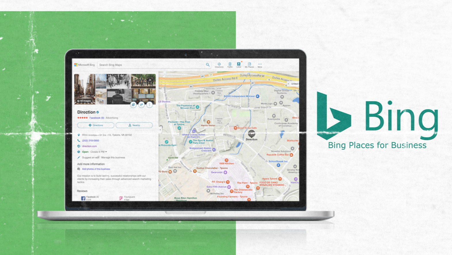 Laptop displaying Bing Places for Business map listing with the Bing logo on a green and white background.