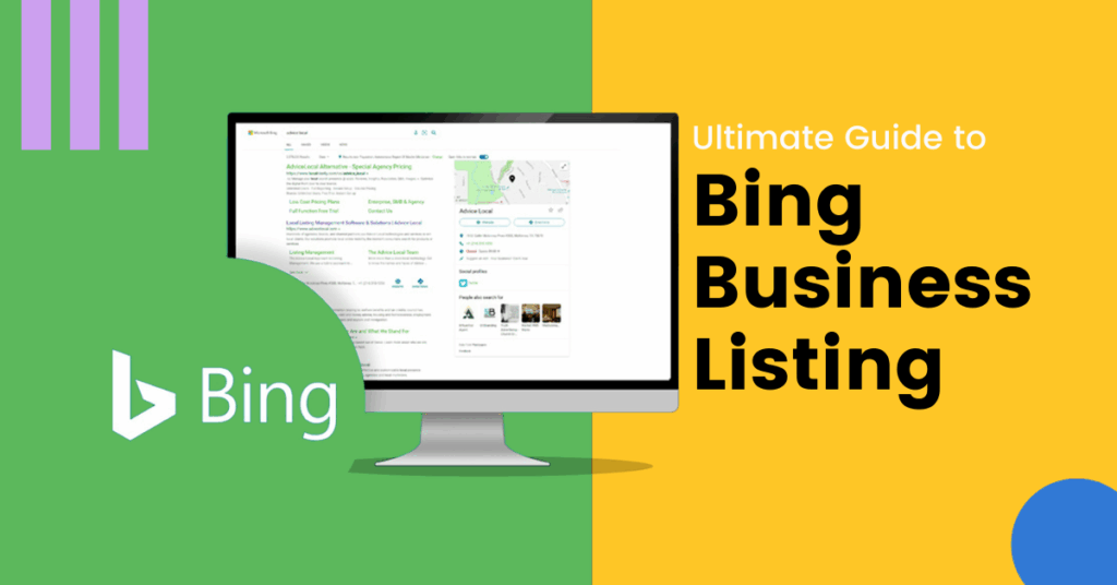 A computer monitor displaying Bing search results is shown on a split green and yellow background. The Bing logo appears on the left. The text reads “Ultimate Guide to Bing Business Listing.”