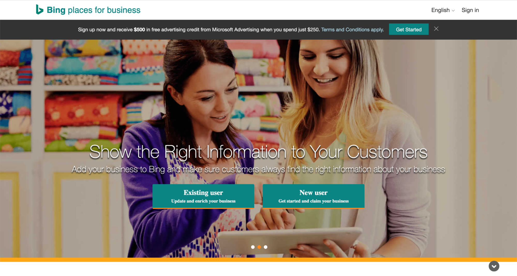 Screenshot of Bing Places for Business homepage showing two women looking at a tablet, with options for existing and new users to manage or claim their business listing.