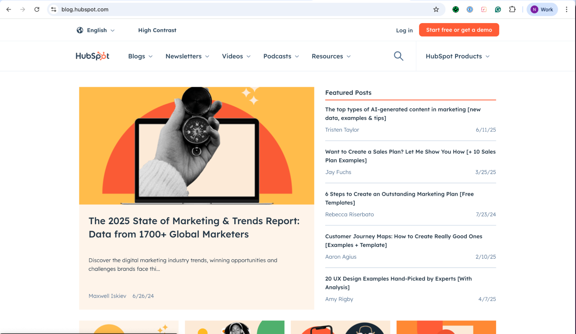 Screenshot of the HubSpot Blog at blog.hubspot.com, showing the homepage with a banner article titled “The 2025 State of Marketing & Trends Report: Data from 1700+ Global Marketers” by Maxwell Iskiev. The sidebar on the right lists Featured Posts such as AI-generated content in marketing, sales plan examples, marketing plan templates, customer journey maps, and UX design examples.