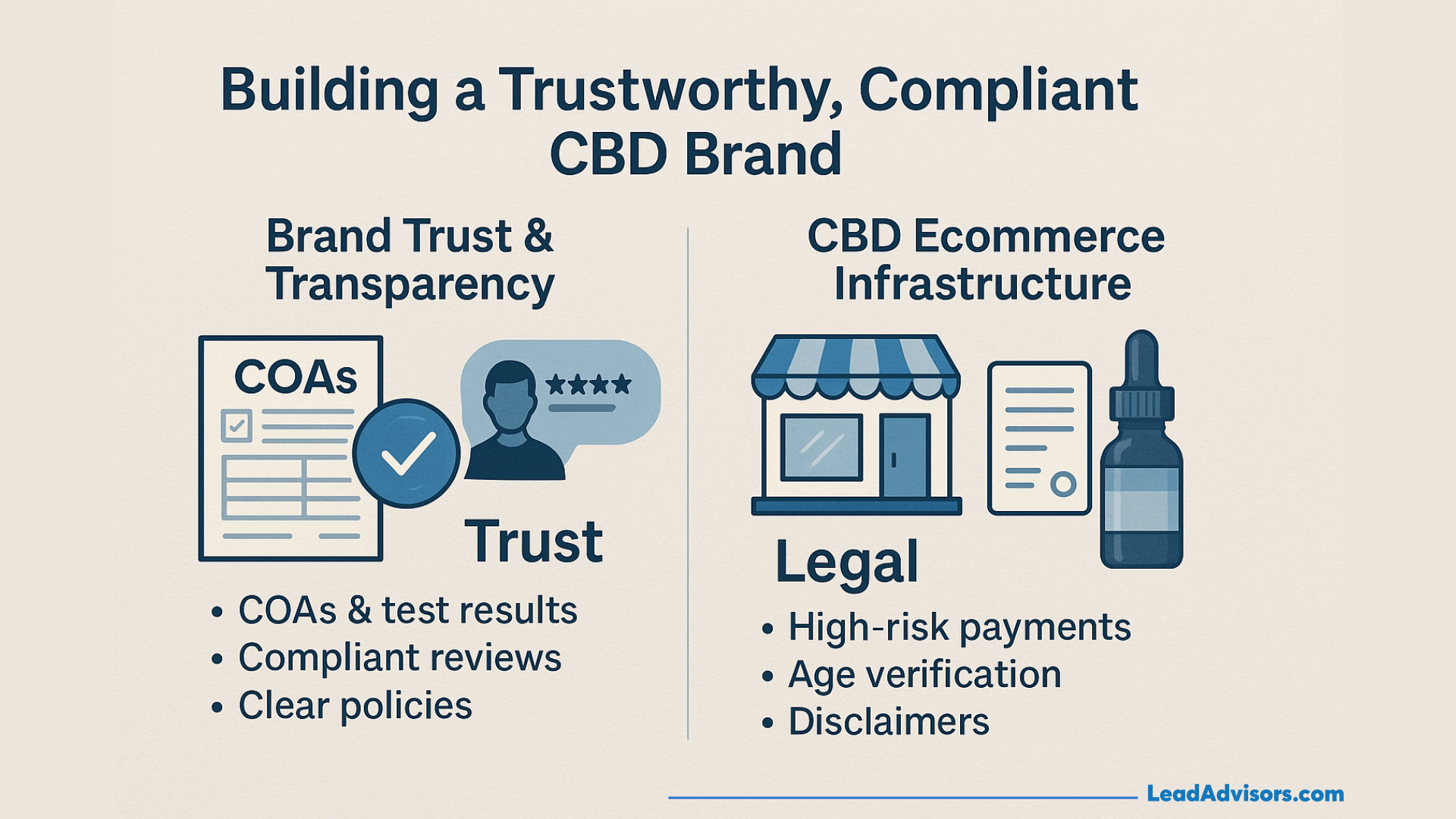 Infographic titled "Building a Trustworthy, Compliant CBD Brand" with two sections. On the left, Brand Trust & Transparency highlights COAs & test results, compliant reviews, and clear policies, illustrated with a COA document and customer review icons. On the right, CBD Ecommerce Infrastructure emphasizes legal requirements such as high-risk payments, age verification, and disclaimers, shown with icons of a storefront, legal document, and CBD dropper bottle. Branding at the bottom: LeadAdvisors.com.