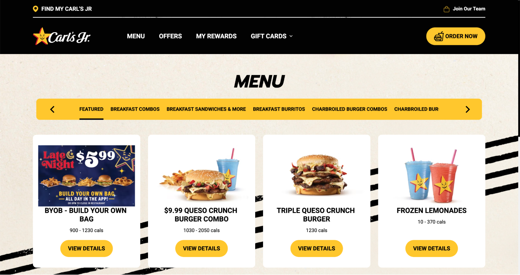 Screenshot of the Carl’s Jr. online menu showing featured items including the BYOB Build Your Own Bag, Queso Crunch Burger Combo, Triple Queso Crunch Burger, and Frozen Lemonades. The page highlights prices, calorie ranges, and combo options.