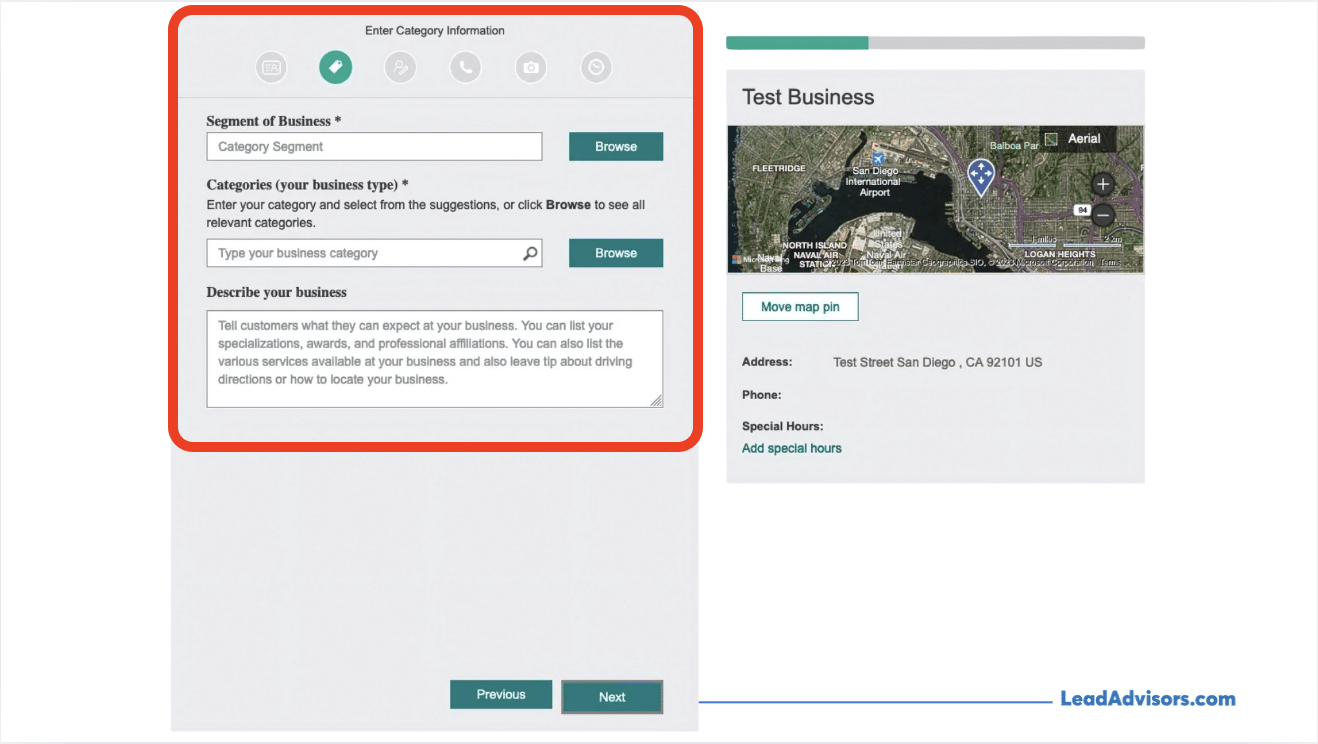 Screenshot of Bing Places for Business form showing fields for segment of business, business categories, and business description, alongside a map with location details for a test business.