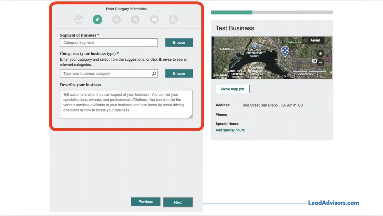 Screenshot of Bing Places for Business form showing fields for segment of business, business categories, and business description, alongside a map with location details for a test business.