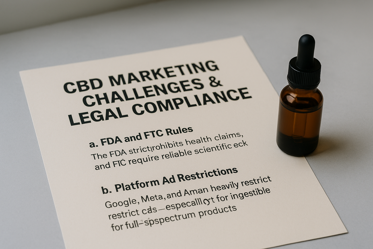 Photo of a brown glass dropper bottle beside a printed sheet titled "CBD Marketing Challenges & Legal Compliance." The sheet highlights two sections: FDA and FTC Rules (stating FDA prohibits health claims and requires scientific backing) and Platform Ad Restrictions (noting Google, Meta, and Amazon heavily restrict ads for ingestible CBD products).
