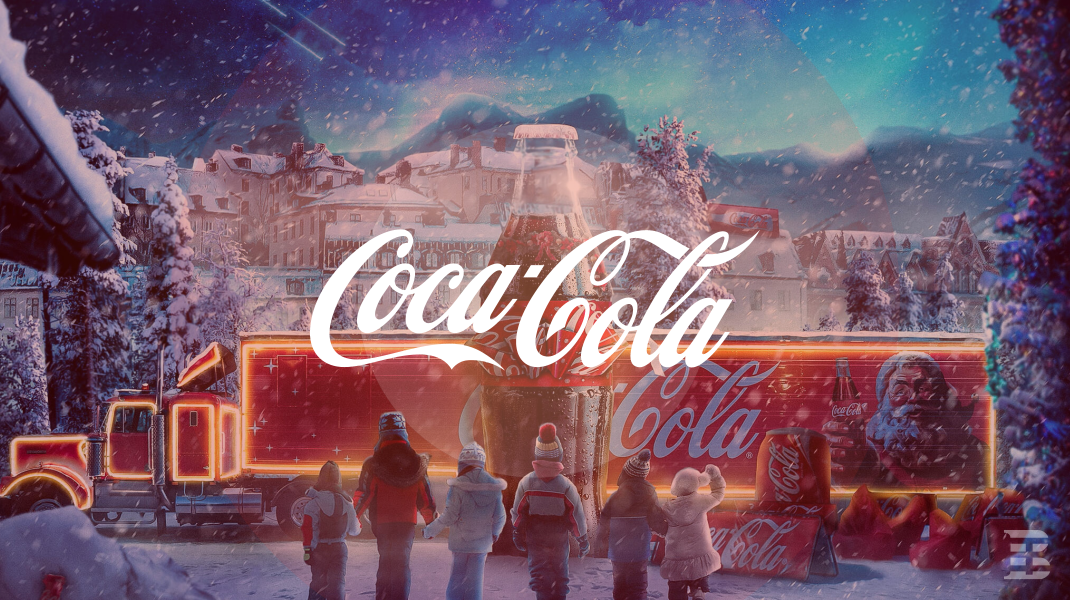 A festive Coca-Cola holiday scene shows children watching a glowing red Coca-Cola truck with Santa and soda bottles against a snowy village backdrop, with the Coca-Cola logo prominently overlaid.