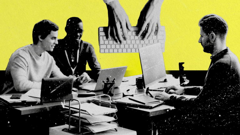 Three professionals working together on laptops in an office setting with a digital collage of hands typing on a keyboard, symbolizing cybersecurity and teamwork.