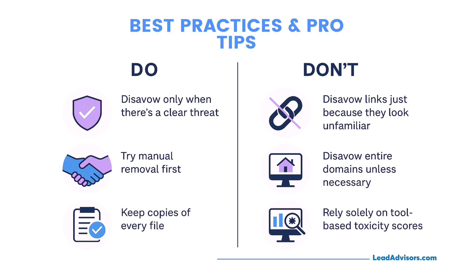 The infographic highlights backlink disavow best practices: only disavow when there’s a clear threat, try manual removal first, and keep copies of all files, while avoiding disavowing unfamiliar links, entire domains unnecessarily, or relying solely on tool-based toxicity scores.