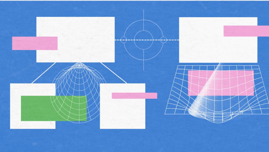 Abstract illustration with geometric shapes and wireframe grids symbolizing backlink analysis and disavow process in SEO.