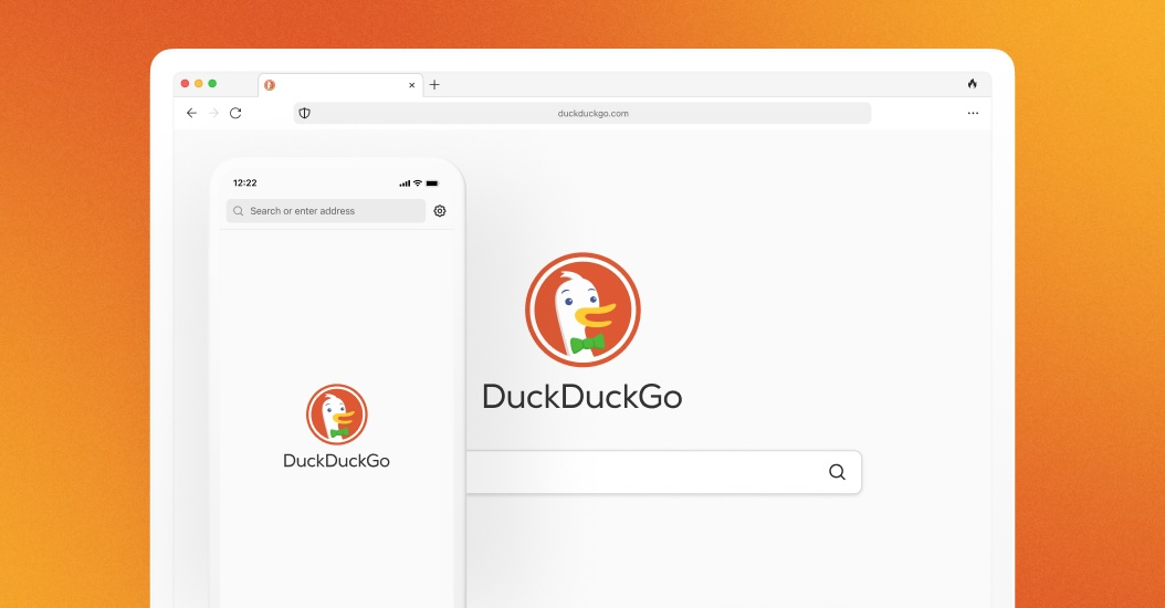 The image shows DuckDuckGo's homepage and mobile interface with its logo, emphasizing its privacy-focused search engine across devices.