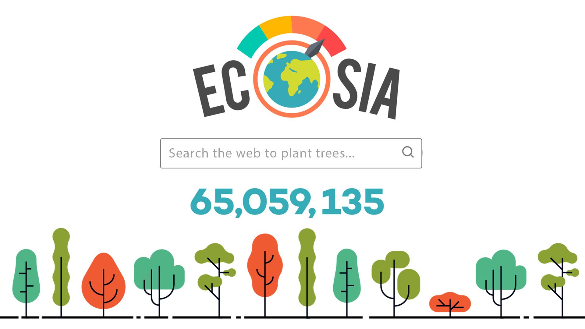 The image shows Ecosia's search engine homepage, highlighting its eco-friendly mission with the slogan "Search the web to plant trees" and displaying a counter of over 65 million trees planted.
