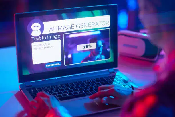Person using a laptop with an AI image generator interface showing a "Text to Image" feature and a progress bar at 78%.