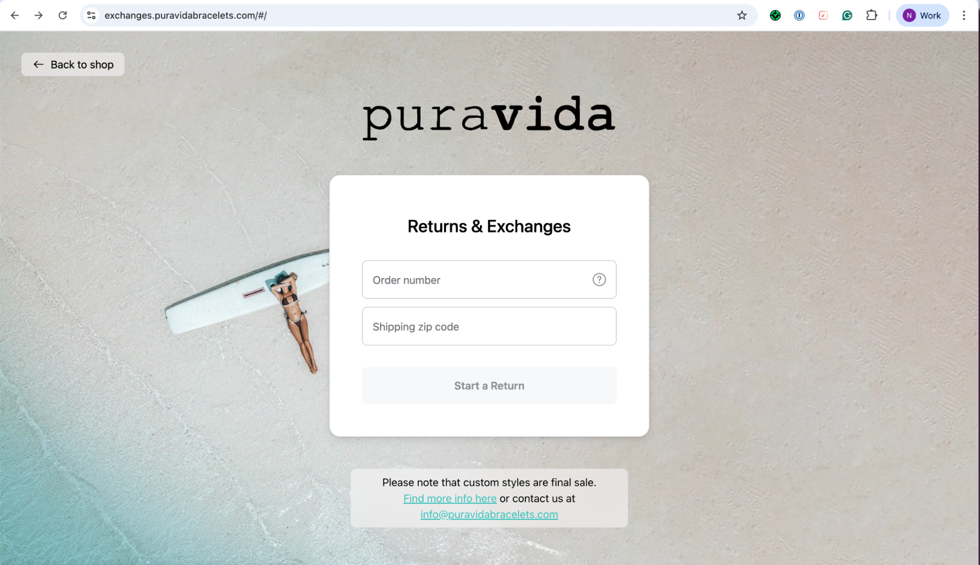 Screenshot of the Pura Vida Bracelets Returns & Exchanges page (exchanges.puravidabracelets.com). The page shows a beach background with a person lying next to a surfboard. In the center, a white form box is titled “Returns & Exchanges” with fields for Order number and Shipping zip code, along with a button labeled Start a Return. A note at the bottom states “Please note that custom styles are final sale” with a link for more info and an email contact: info@puravidabracelets.com . A “Back to shop” button is at the top left.