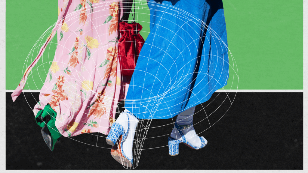 Two people walk side by side on a green and black surface, wearing colorful skirts and heeled shoes. A white geometric wireframe graphic overlays the lower part of this Fashion Marketing-inspired image.