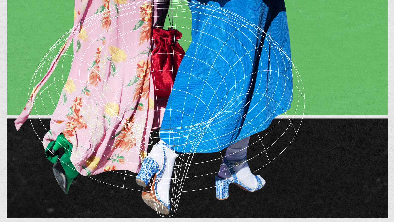 Two people walk side by side on a green and black surface, wearing colorful skirts and heeled shoes. A white geometric wireframe graphic overlays the lower part of this Fashion Marketing-inspired image.