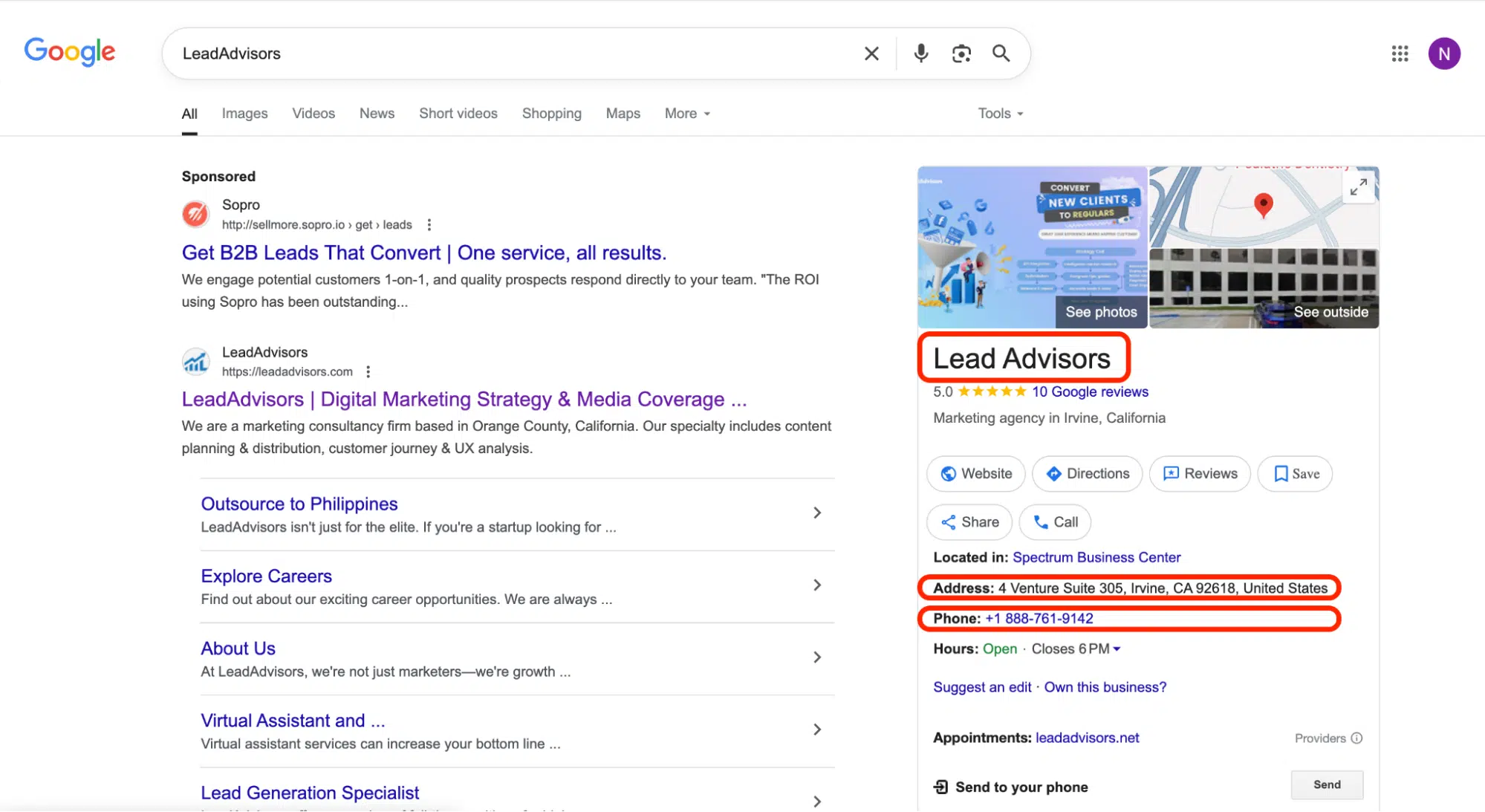 A screenshot of Google search results for Lead Advisors showing their sponsored ad and local Business Profile. The image highlights key contact information such as the Irvine office address, phone number, and five-star rating.