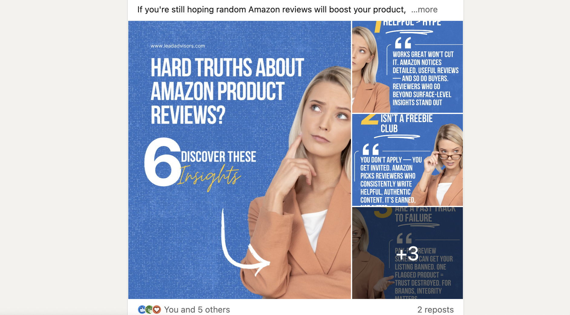 Social media carousel cover showing a woman thinking with text about six hard truths of Amazon product reviews