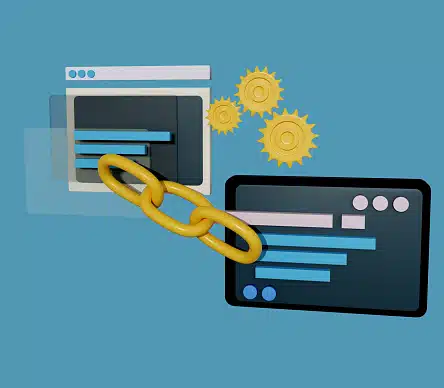 3D illustration of two web browser windows connected by a large yellow chain link with gears, representing high-quality backlinks in SEO.