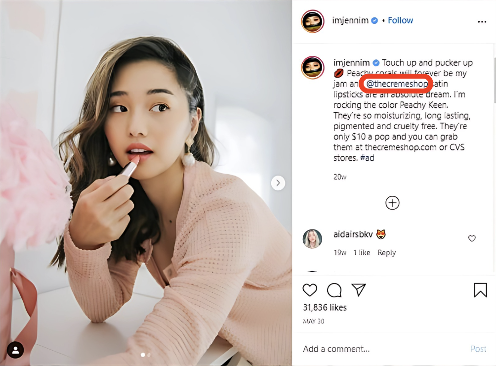 Influencer applying lipstick in an Instagram post while promoting @thecremeshop, with a caption highlighting product benefits and purchase details, tagged as a paid partnership (#ad).