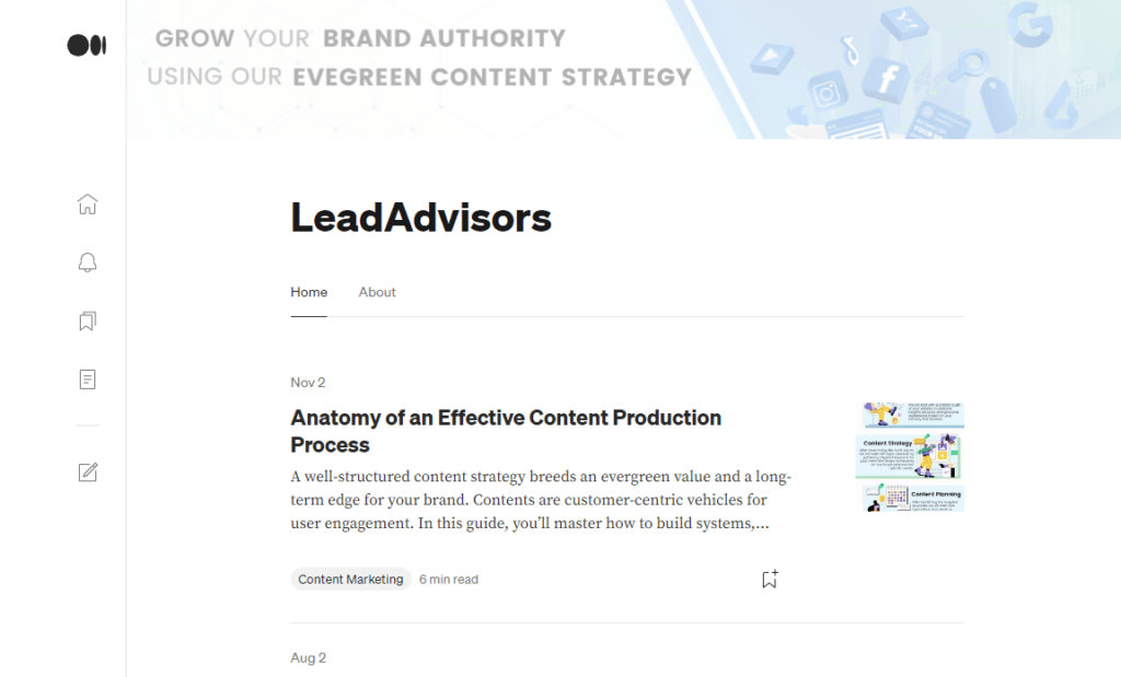LeadAdvisors blog page highlighting an article titled Anatomy of an Effective Content Production Process with a banner promoting evergreen content strategy.v