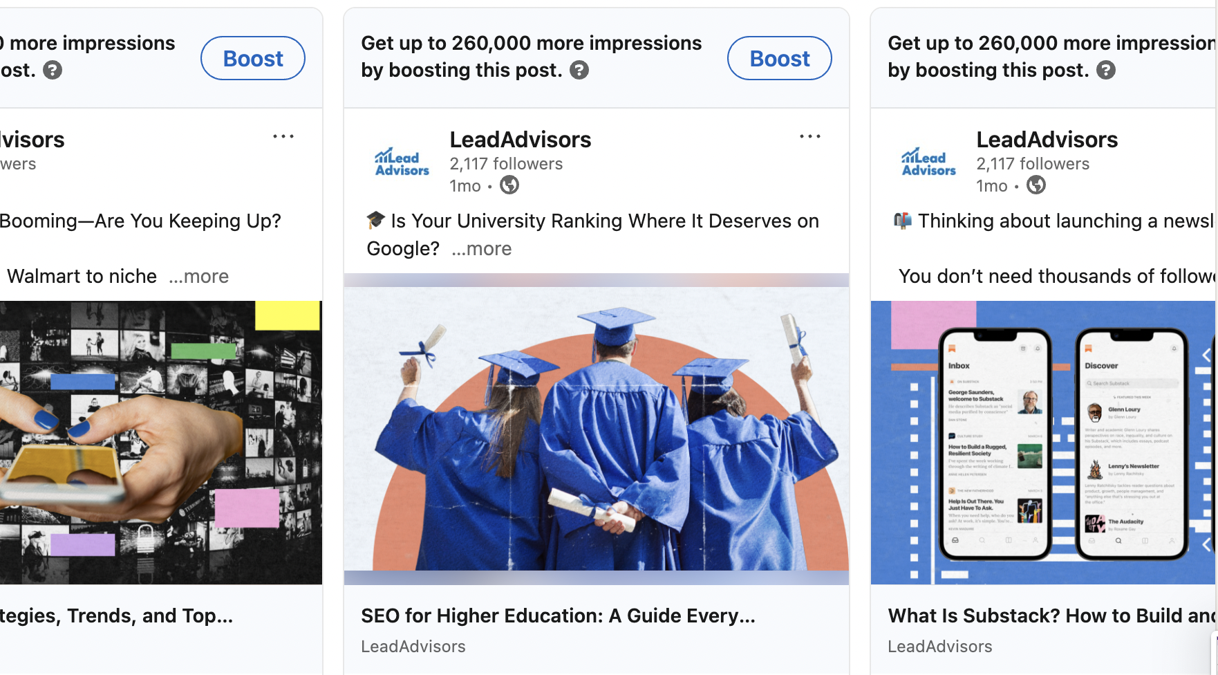 LeadAdvisors LinkedIn posts featuring digital marketing trends, SEO for higher education with graduates in caps and gowns, and a Substack newsletter guide with mobile app previews.