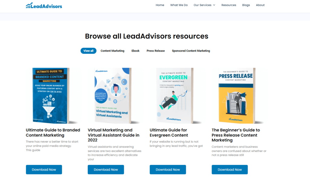 LeadAdvisors resources library showcasing downloadable guides on branded content, virtual marketing, evergreen content, and press release strategies