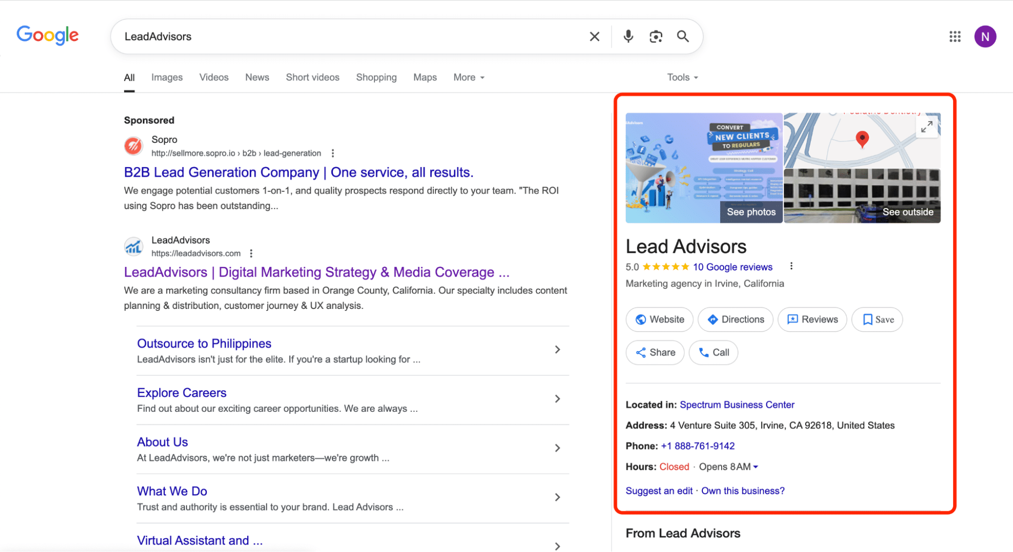 Google search results page for LeadAdvisors showing the business profile on the right with images, reviews, address, phone number, website, and location on the map.