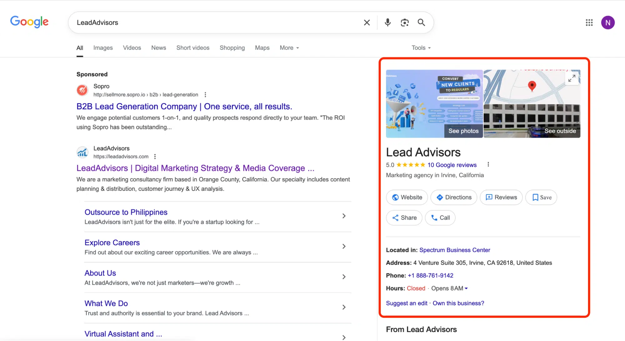 Google search results page for LeadAdvisors showing the business profile on the right with images, reviews, address, phone number, website, and location on the map.