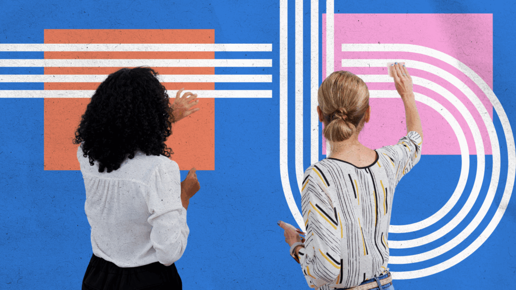 Two women stand with their backs to the camera, interacting with abstract white lines overlaid on a blue background featuring orange and pink geometric shapes, evoking the dynamic interplay between marketing vs advertising.
