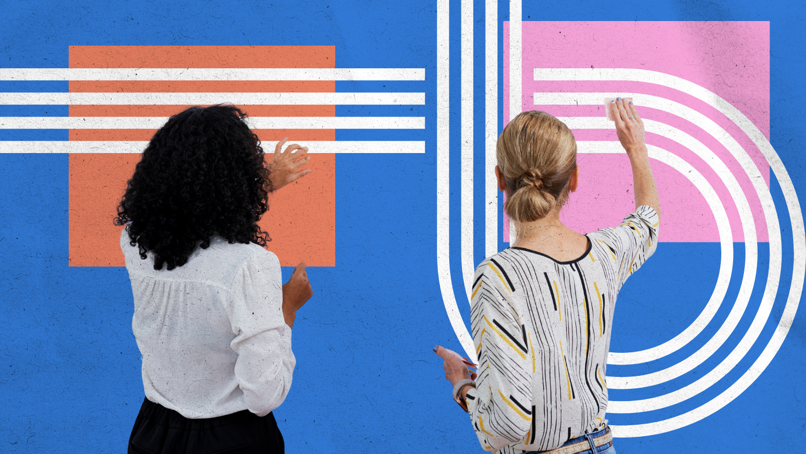 Two women stand with their backs to the camera, interacting with abstract white lines overlaid on a blue background featuring orange and pink geometric shapes, evoking the dynamic interplay between marketing vs advertising.