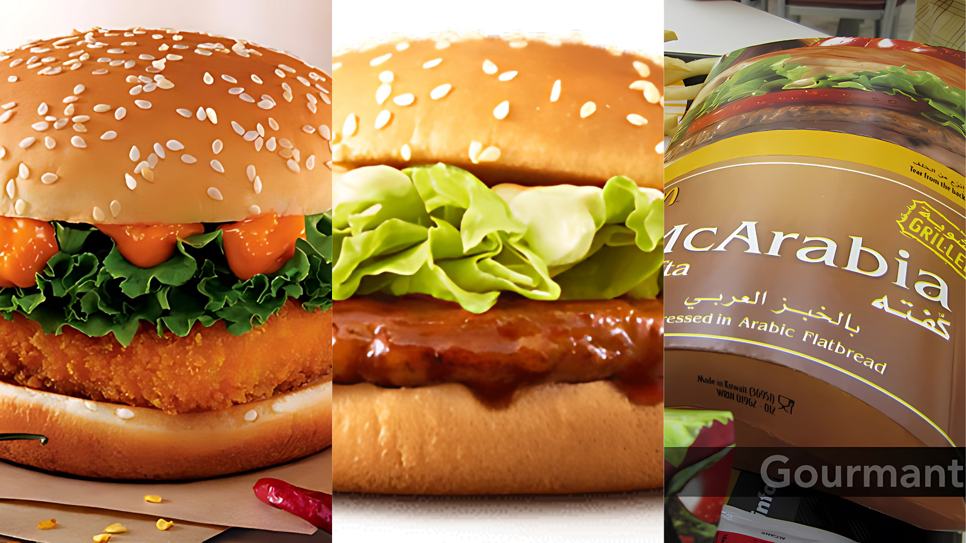 Close-up of McDonald’s menu items including a crispy chicken burger, a beef burger with lettuce, and McArabia flatbread packaging with fries in the background. The image showcases McDonald’s variety of international offerings.