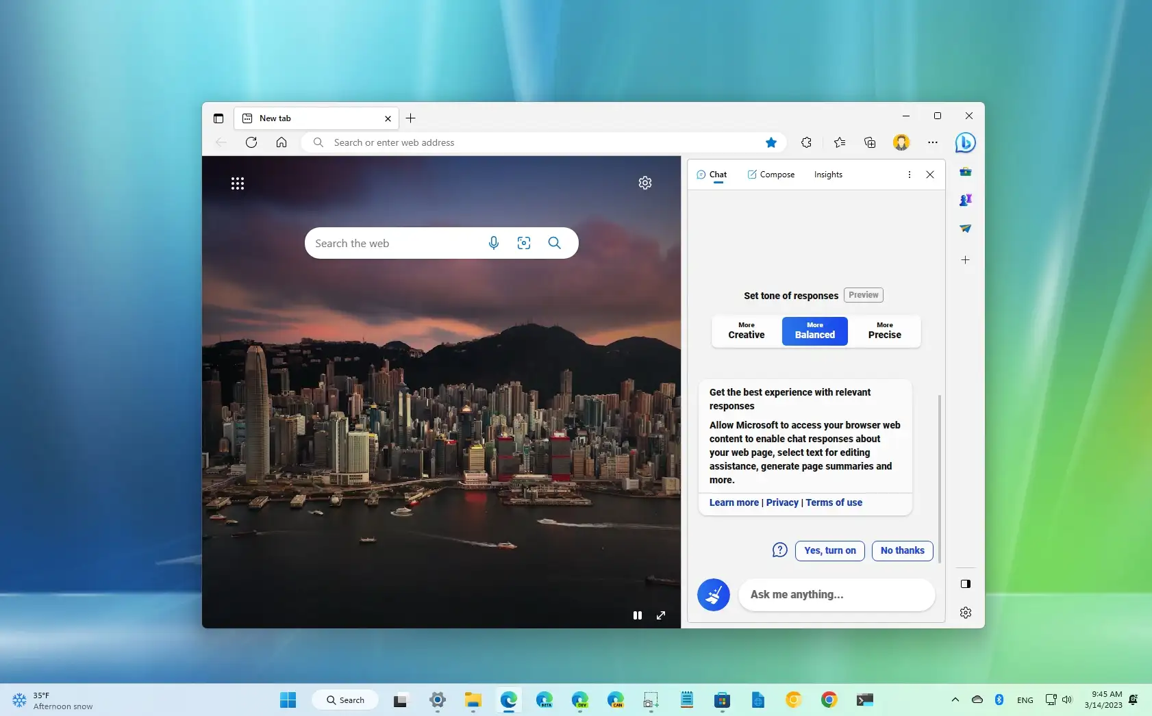 The image shows the Microsoft Bing homepage with its chat sidebar open, offering creative, balanced, and precise response tone settings.
