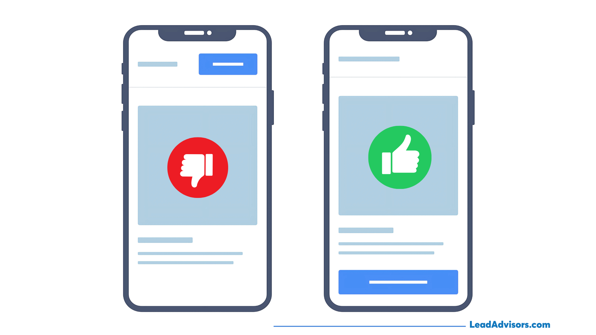 Illustration of two smartphones side by side; the left phone shows a red thumbs-down icon indicating poor user experience, while the right phone shows a green thumbs-up icon representing a positive mobile experience.