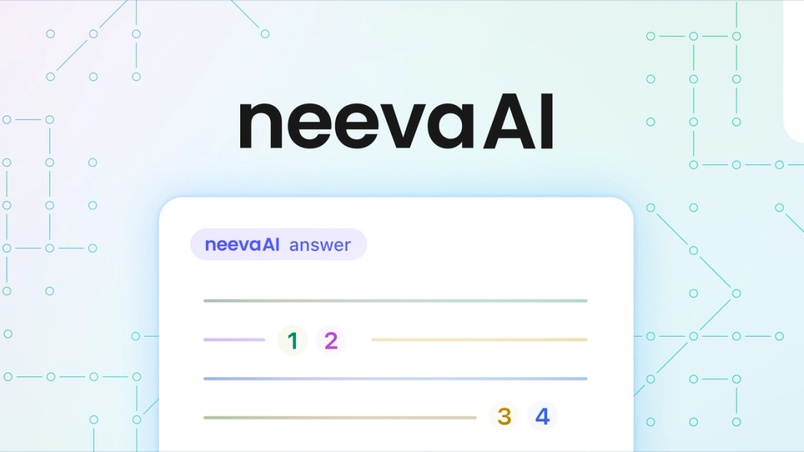 The image features the NeevaAI logo with a stylized background and a mockup of its AI-powered answer interface, showing numbered results with color-coded lines.