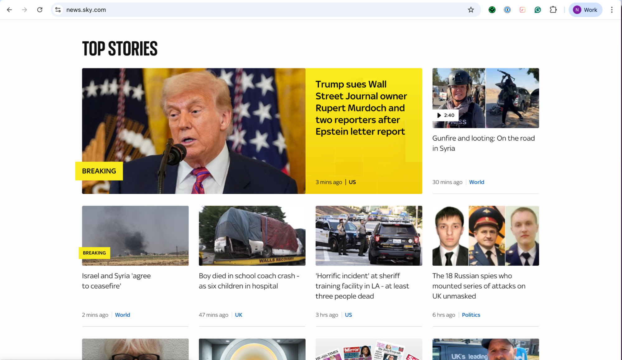 Screenshot of the Sky News website (news.sky.com) showing the Top Stories section. The main headline reads “Trump sues Wall Street Journal owner Rupert Murdoch and two reporters after Epstein letter report” with a photo of Donald Trump speaking at a podium. Other stories include “Gunfire and looting: On the road in Syria,” “Israel and Syria 'agree to ceasefire’” (labeled as breaking), “Boy died in school coach crash – as six children in hospital,” “‘Horrific incident’ at sheriff training facility in LA – at least three people dead,” and “The 18 Russian spies who mounted series of attacks on UK unmasked.”