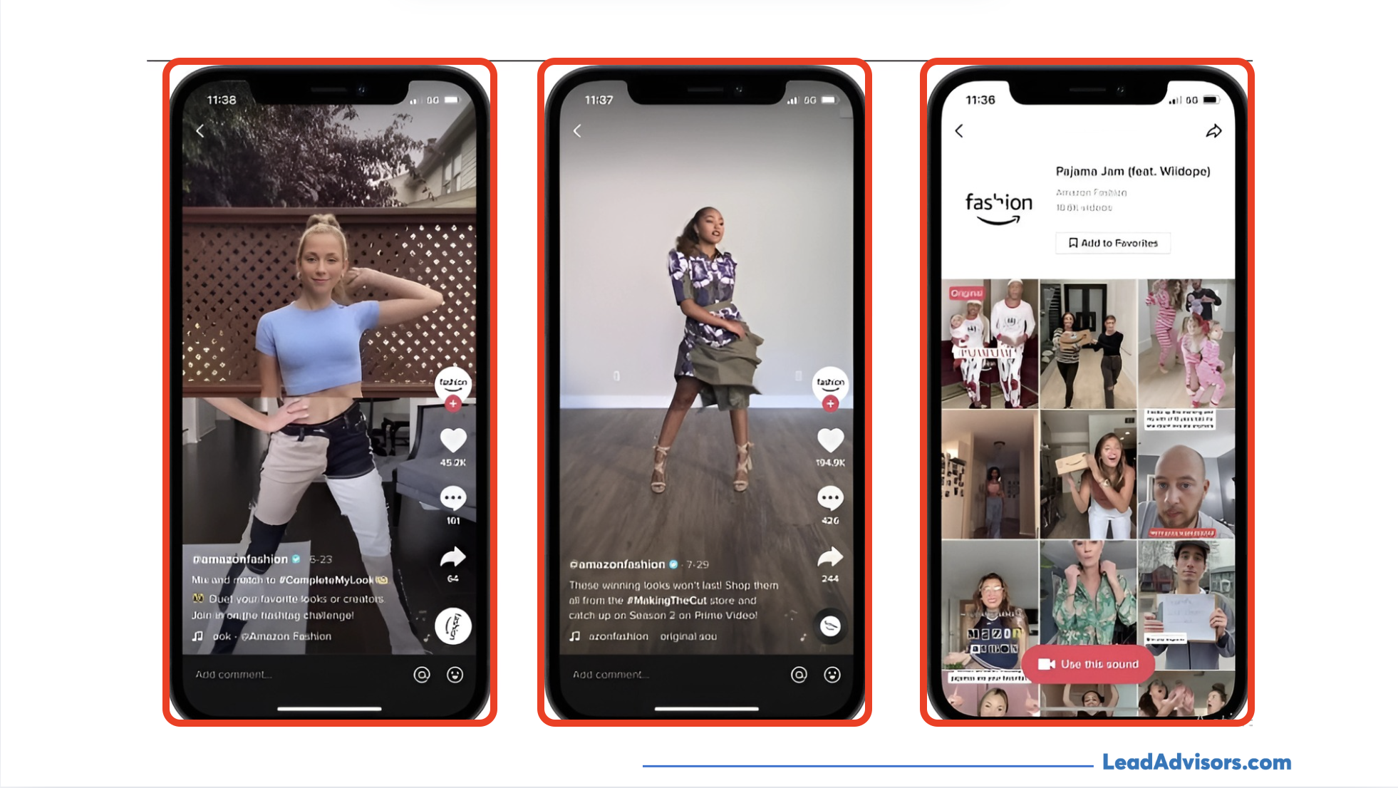 Three smartphone screens showing fashion-related TikTok campaigns. The first screen features a woman in a blue crop top and two-tone pants with engagement icons. The second screen shows another woman in a patterned top and skirt with likes and comments. The third screen displays Amazon Fashion’s campaign page with a grid of user-generated videos under the “Pajama Jam” challenge.