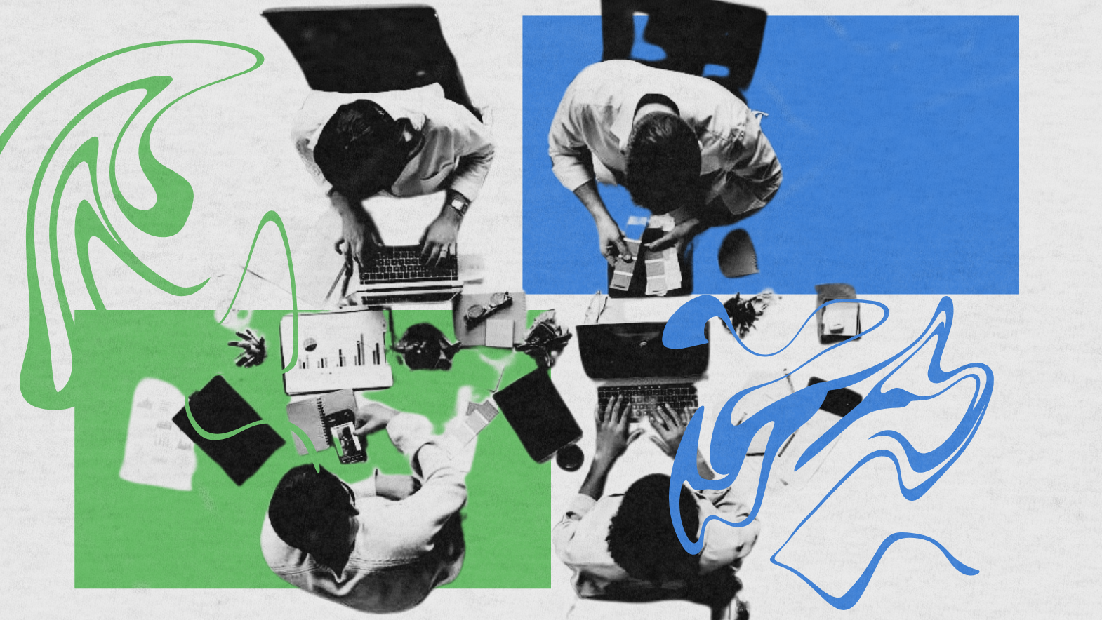 Top view of professionals working on laptops and mobile devices with abstract colorful overlays, symbolizing creative strategies to repurpose content.
