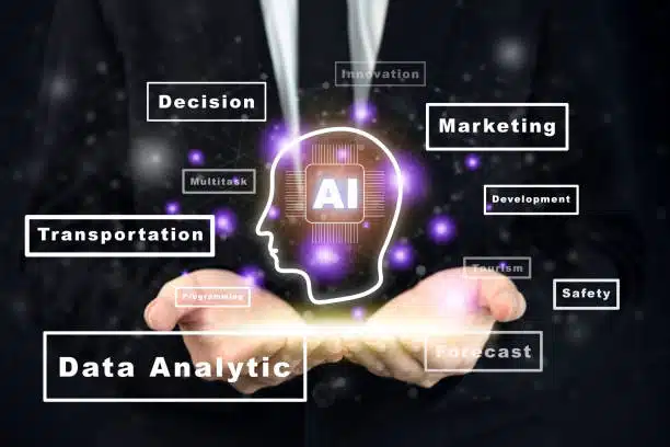 Person holding a digital AI head icon surrounded by keywords like decision, marketing, transportation, data analytics, forecast, and safety, representing AI applications.