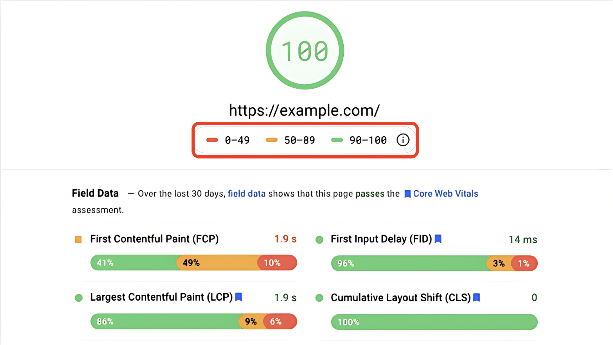 Screenshot of a Google PageSpeed Insights report for https://example.com/ showing a perfect score of 100. Metrics include First Contentful Paint (1.9s, 41% good, 49% needs improvement, 10% poor), Largest Contentful Paint (1.9s, 86% good, 9% needs improvement, 6% poor), First Input Delay (14ms, 96% good), and Cumulative Layout Shift (0, 100% good), all passing Core Web Vitals.