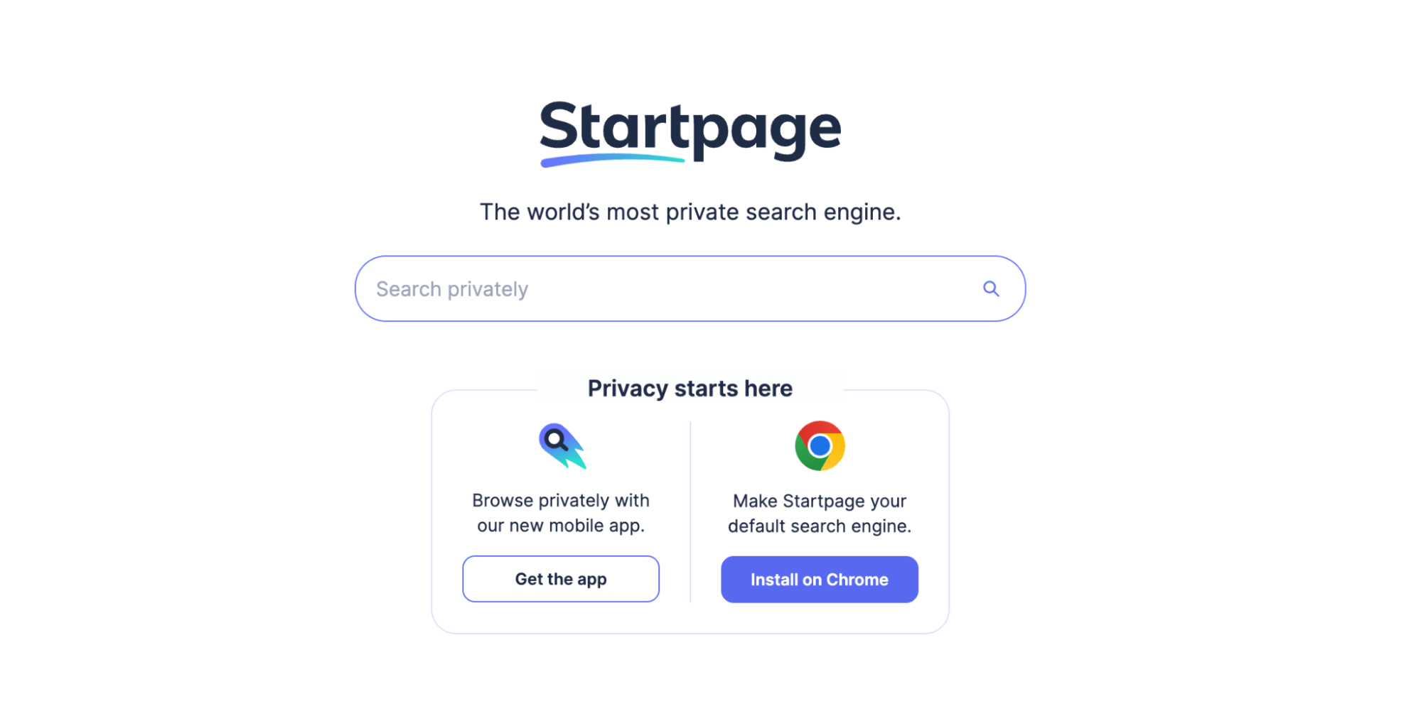 The image shows the Startpage search engine homepage with the tagline "The world's most private search engine." It features a search bar with the placeholder "Search privately" and highlights privacy-focused options like browsing privately via a mobile app and setting Startpage as the default search engine on Chrome.
