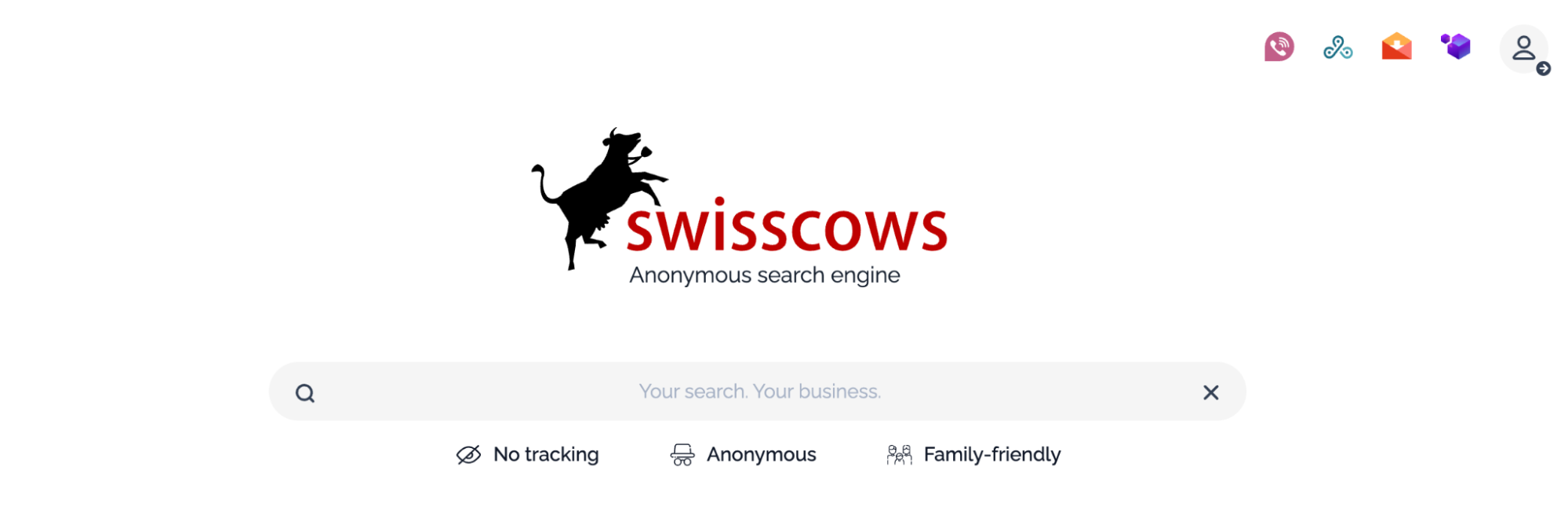 The image shows the homepage of Swisscows, an anonymous search engine featuring a logo with a cow. It highlights key attributes like "No tracking," "Anonymous," and "Family-friendly," with a search bar for user queries.