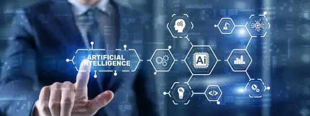 Businessperson touching a virtual interface labeled "Artificial Intelligence" with connected icons representing AI concepts and applications.