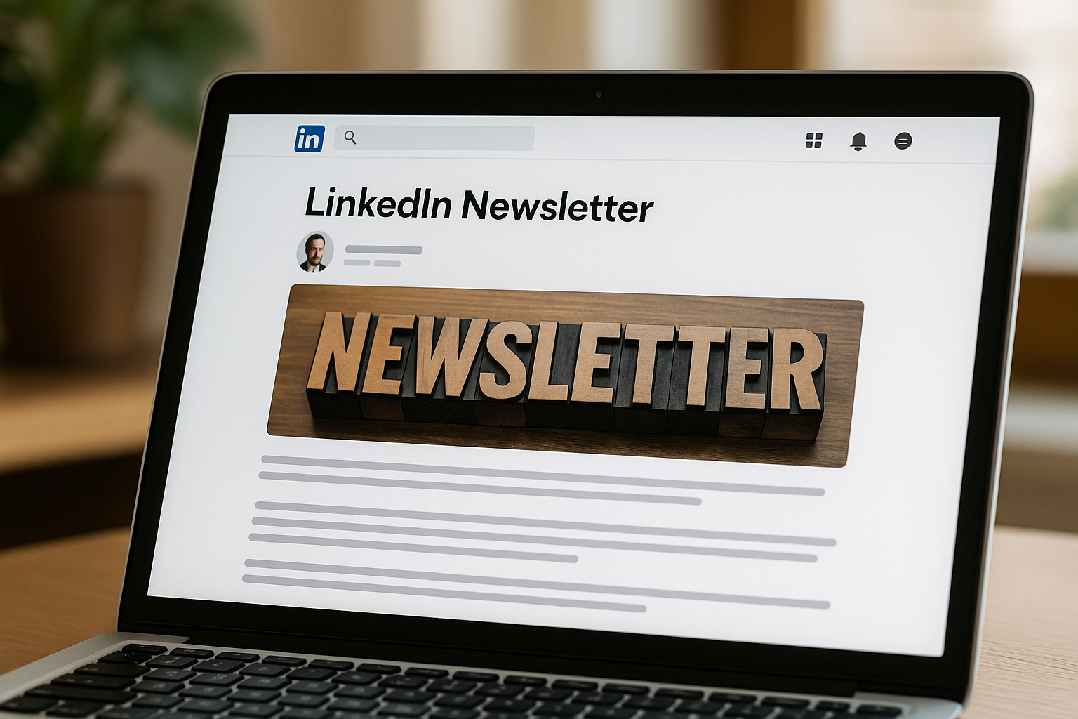 The image shows a laptop screen displaying a LinkedIn Newsletter page with the word "NEWSLETTER" in large wooden block letters, representing a professional online publication or update.