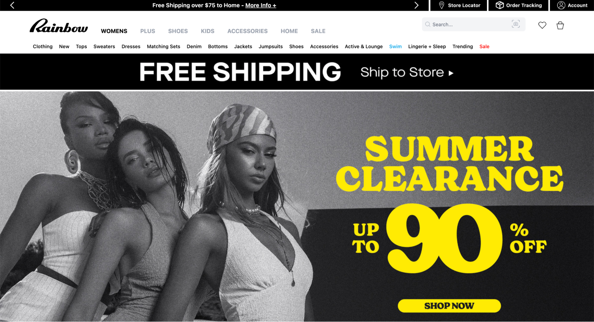 Fashion retail website banner featuring three women in stylish outfits with bold yellow text promoting a "Summer Clearance" sale offering up to 90% off, alongside a "Shop Now" button.