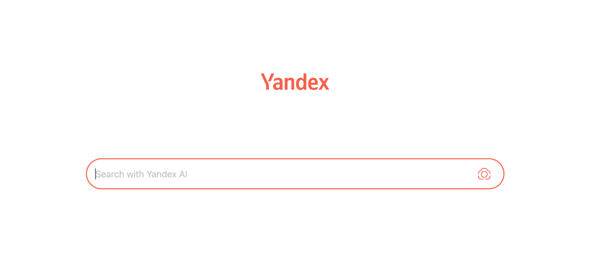 The image shows Yandex's minimalistic homepage with its logo in red and an AI-enabled search bar below it.