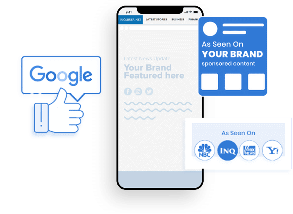 A smartphone screen displays Your Brand Featured Here. Surrounding icons include a Google logo with a thumbs-up, a Your Brand card, and media logos: NBC, INQ, and Yahoo—perfect for showcasing your marketing strategy or consultancy.