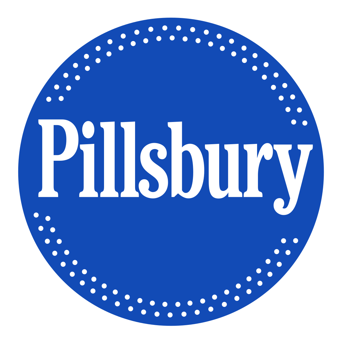 The image shows the Pillsbury logo: the word Pillsbury in white, bold letters centered inside a blue circle, surrounded by a border of small white dots—a classic example of blue logos in branding.