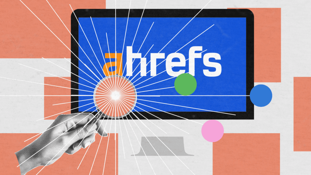 A hand holds a magnifying glass in front of a computer monitor displaying the ahrefs logo, with abstract geometric shapes and lines radiating from the magnifying glass, hinting at exploring various ahrefs alternatives.
