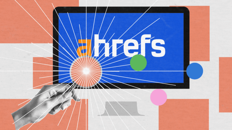 A hand holds a magnifying glass in front of a computer monitor displaying the ahrefs logo, with abstract geometric shapes and lines radiating from the magnifying glass, hinting at exploring various ahrefs alternatives.